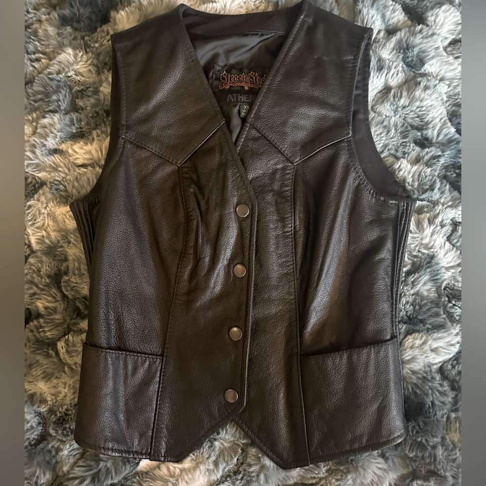 Black Leather Motorcycle Vest with Stretch, XS